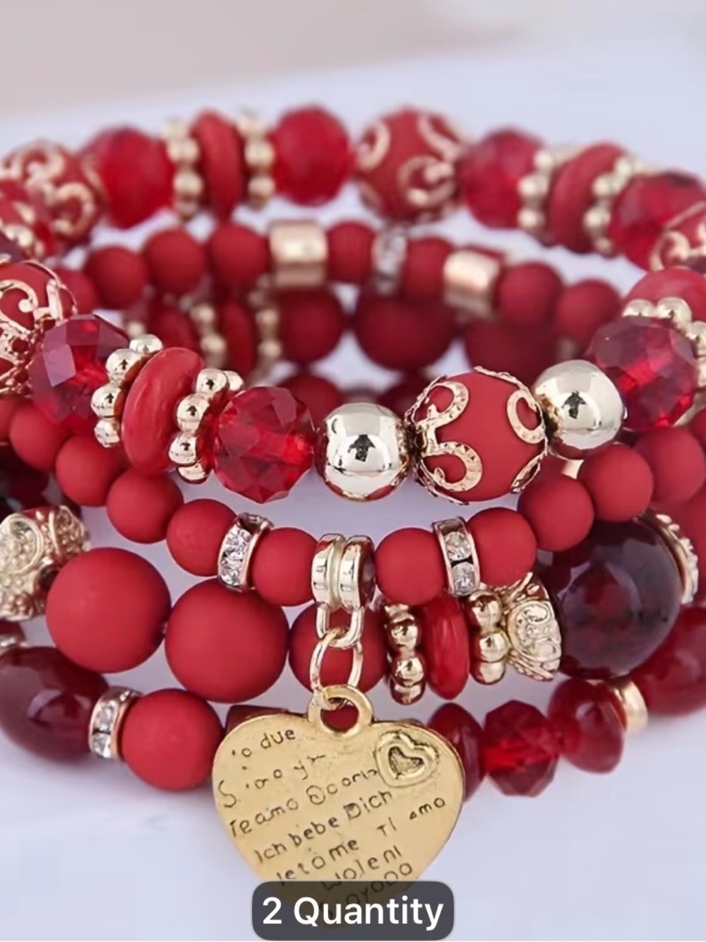 4pcs Beaded Heart Charm Bracelet Stack -red